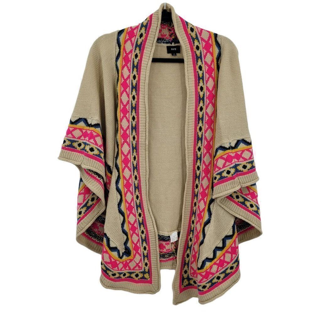 Fate Wrap Poncho Shawl Festival Boho Hippy Tan Pink Aztec Print Non Itch OS